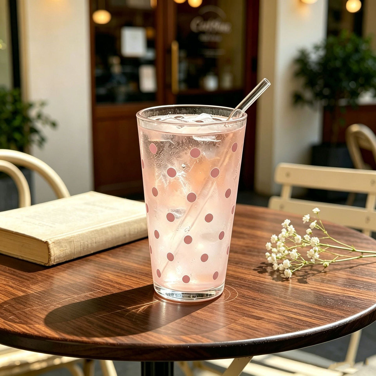 Polka Dot Glass Tumbler – 450ml Clear Drinking Cup with Glass Straw for Iced Coffee, Juice, Soda & Cold Drinks