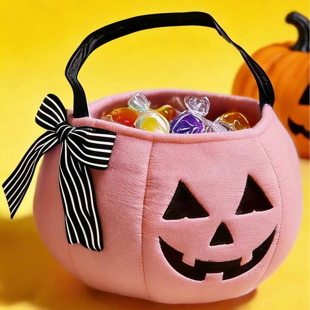 Halloween Pumpkin Candy Bucket, Soft Fabric Trick-or-Treat Bag with Bow