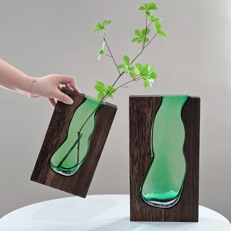 Nordic Wooden Base Glass Vase – Minimalist Home Decor Accent