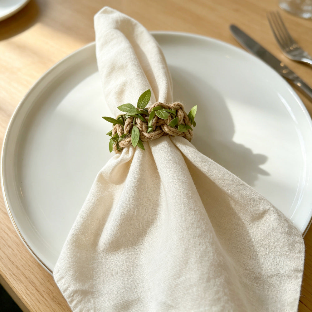 Rustic Jute Napkin Ring with Green Leaves – Braided Farmhouse Table Décor