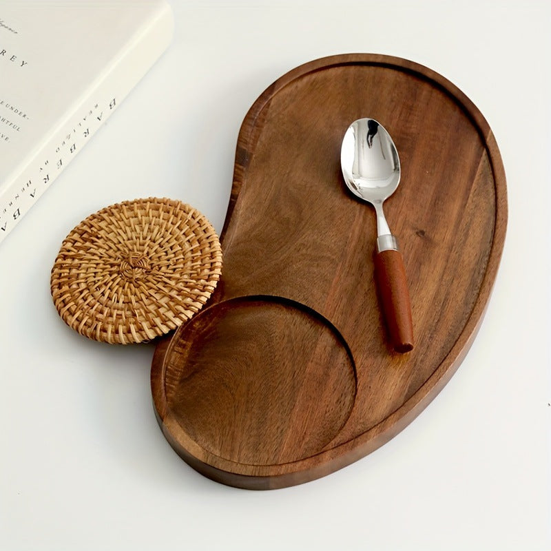 Acacia Wood Serving Tray with Woven Coaster – Irregular Snack & Coffee Tray for Café, Tea, Desserts, Breakfast & Home Table Setting