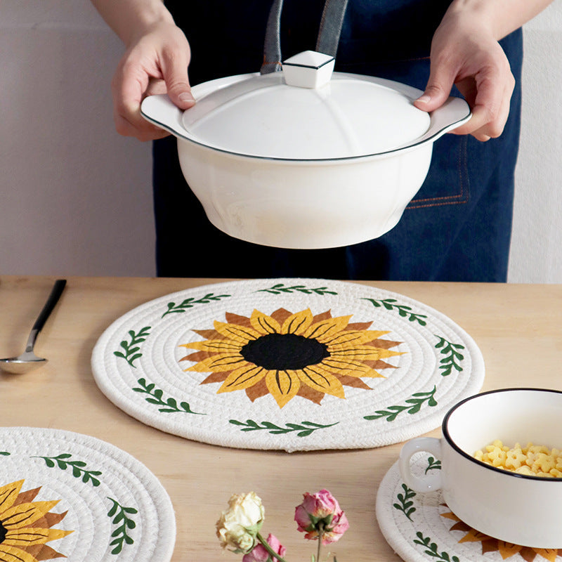 Farmhouse Sunflower Cotton Rope Placemat, Round Heat Resistant Table Mat & Trivet