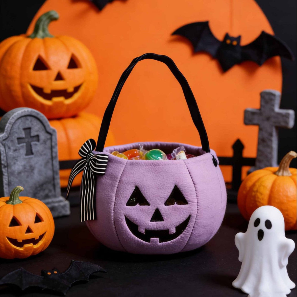 Halloween Pumpkin Candy Bucket, Soft Fabric Trick-or-Treat Bag with Bow