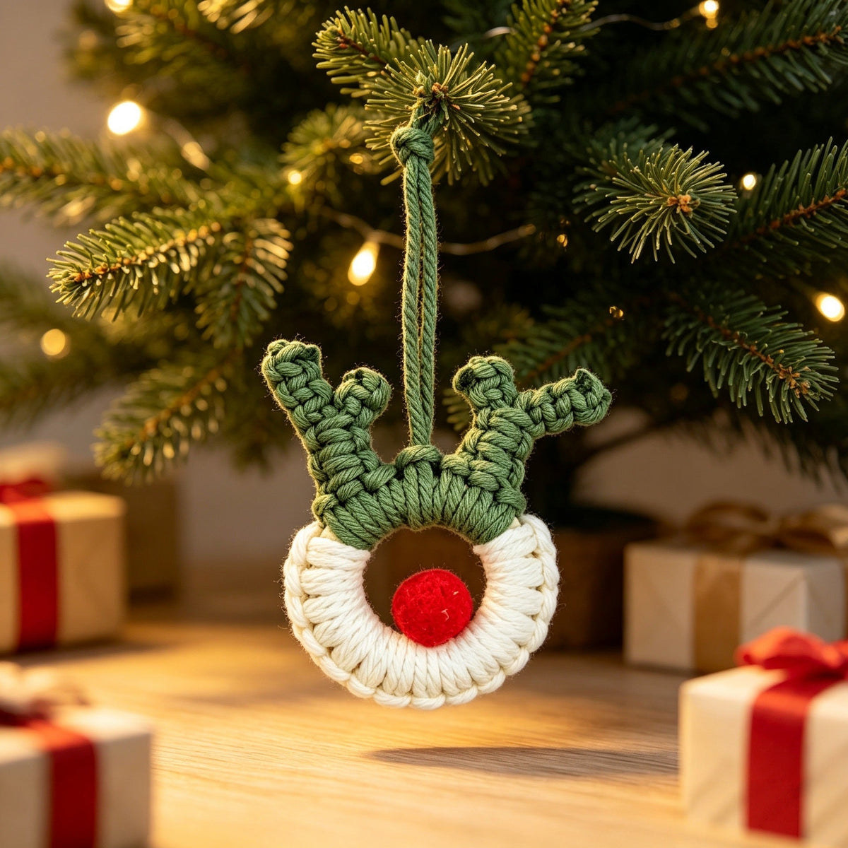 Macrame Reindeer Christmas Ornament – Handmade Cotton Rope Hanging Decoration