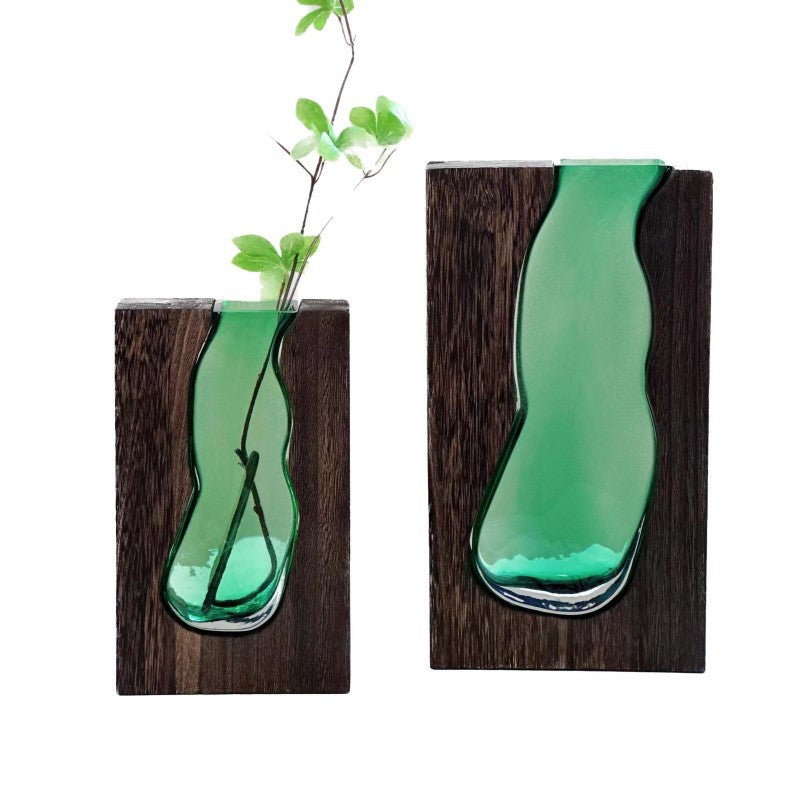 Nordic Wooden Base Glass Vase – Minimalist Home Decor Accent