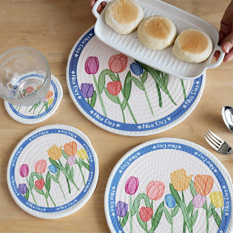 Nordic Tulip Print Woven Cotton Rope Trivet, Heat Resistant Table Mat & Coaster