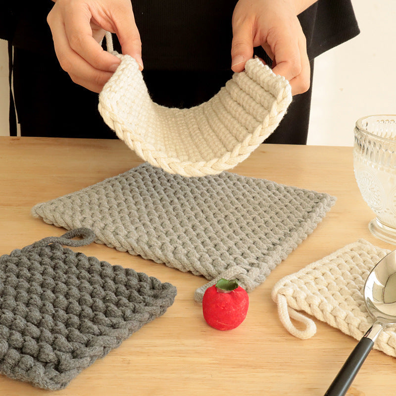 Square Handwoven Coaster – Solid Color Cotton Rope Square Heat Insulation Mat for Cups, Tea Cups, Simple Plate Mat