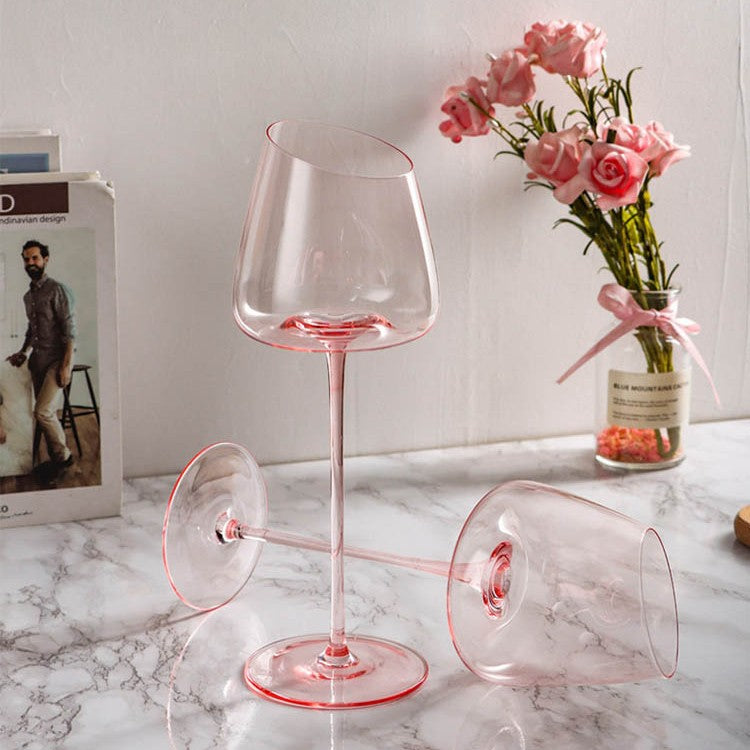 Pink Crystal Wine Glass – Luxury Angled Rim Stemmed Goblet
