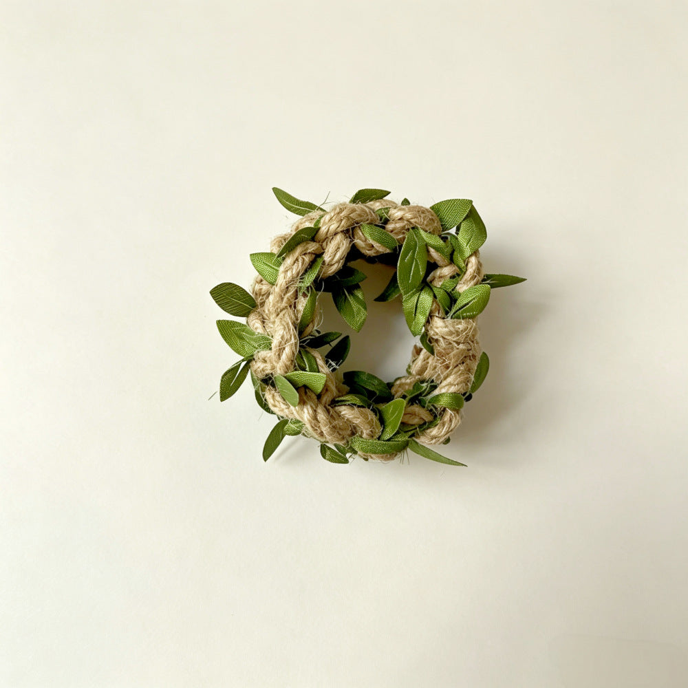 Rustic Jute Napkin Ring with Green Leaves – Braided Farmhouse Table Décor