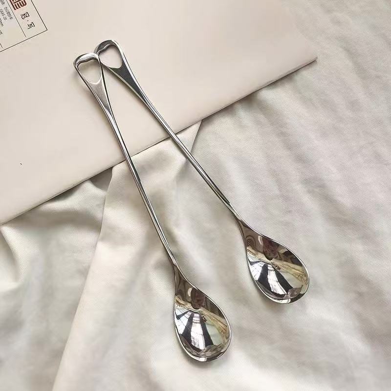 Long Handle Stainless Steel Spoon – Minimalist Coffee & Dessert Spoon with Hollow Loop Handle for Tea, Yogurt & Café Serving