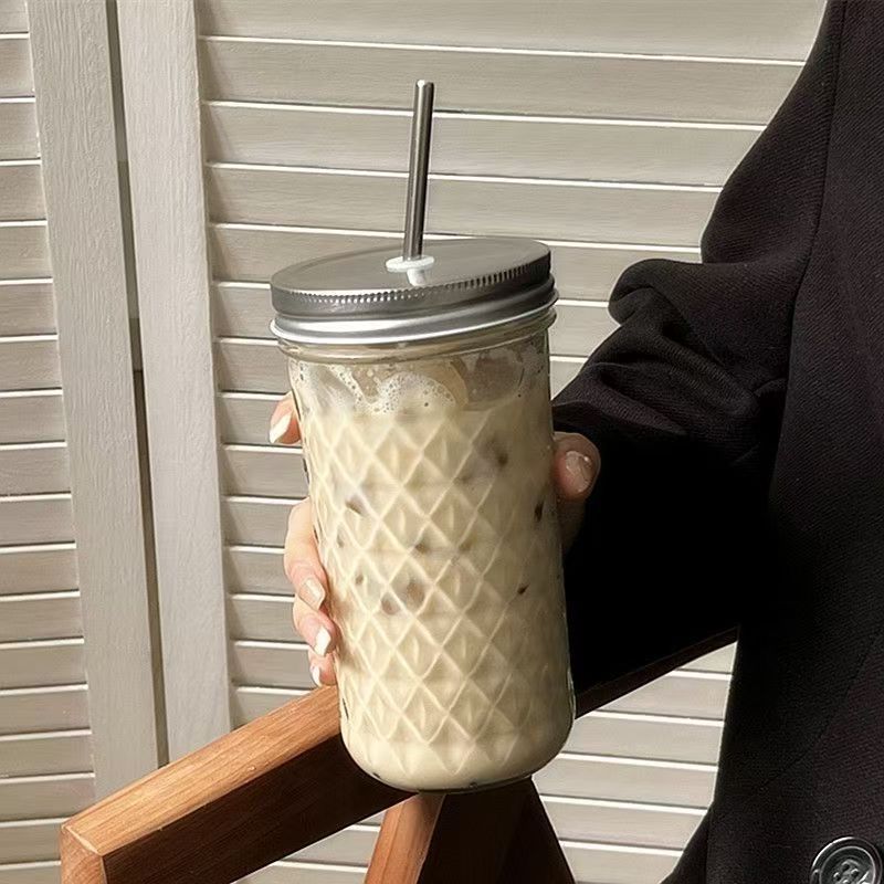 Textured Glass Tumbler with Lid & Straw – 360ml Reusable Drinking Cup