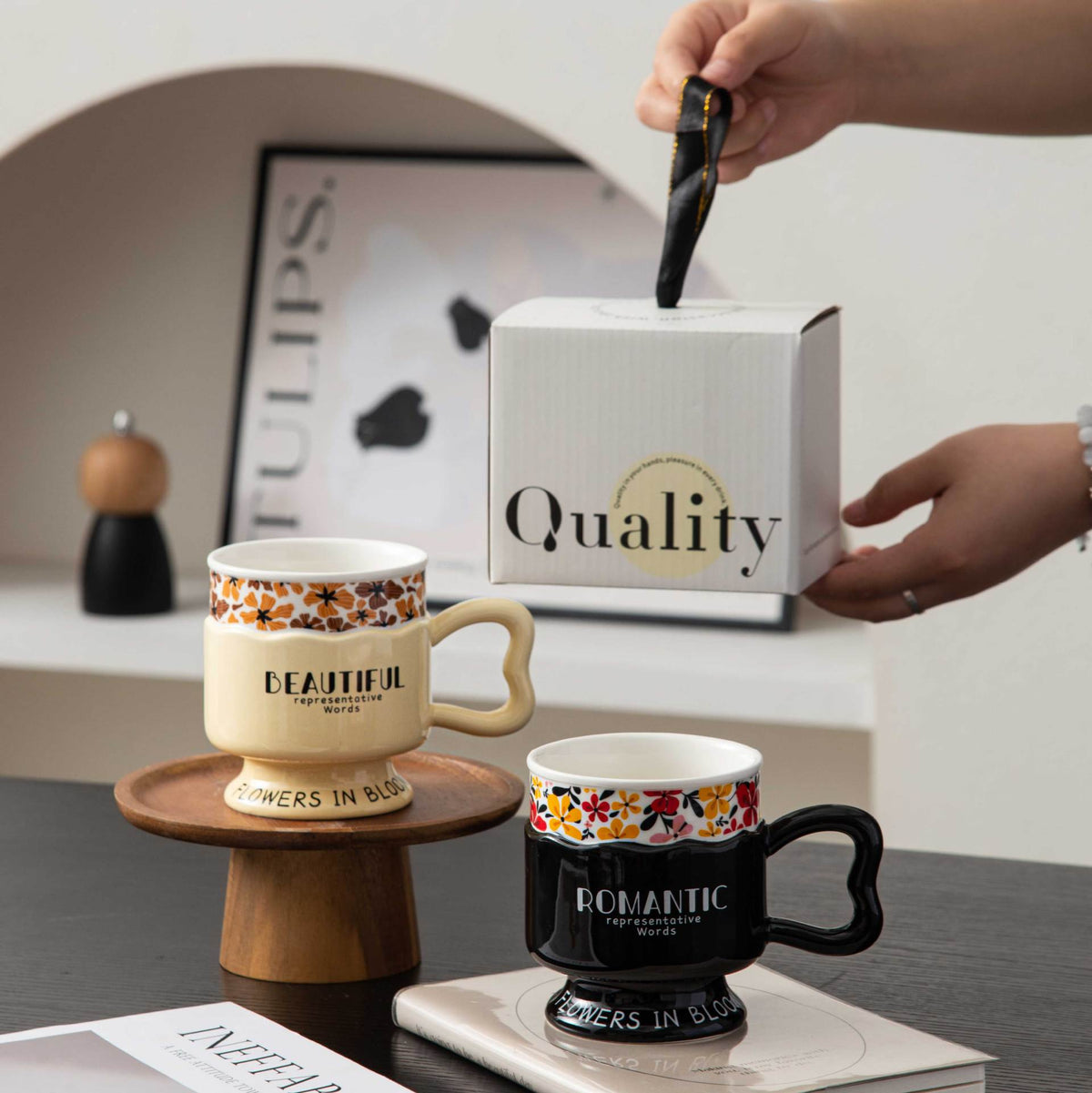 Ceramic Mug – Vintage Floral Pedestal Coffee Cup with Handle for Milk, Tea, Latte, Café, Breakfast & Home Use
