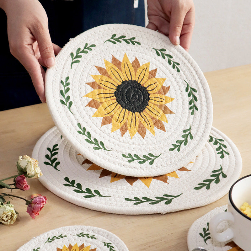 Farmhouse Sunflower Cotton Rope Placemat, Round Heat Resistant Table Mat & Trivet
