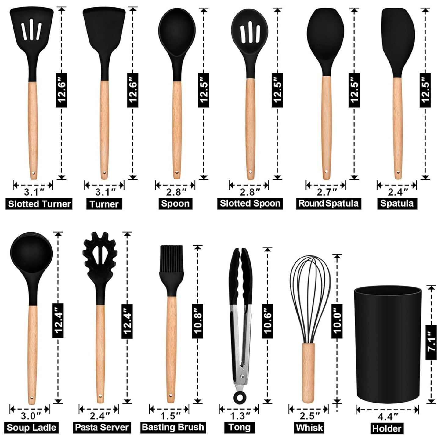 12-Piece Silicone Kitchen Utensil Set with Wooden Handles for Nonstick Cookware
