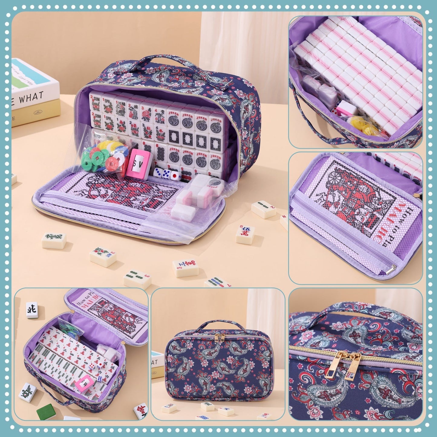 Mahjong Set Bag – Waist Bag with Printed Mahjong Pattern, Cosmetic Bag, Multi-Functional Large-Capacity Storage Organizer