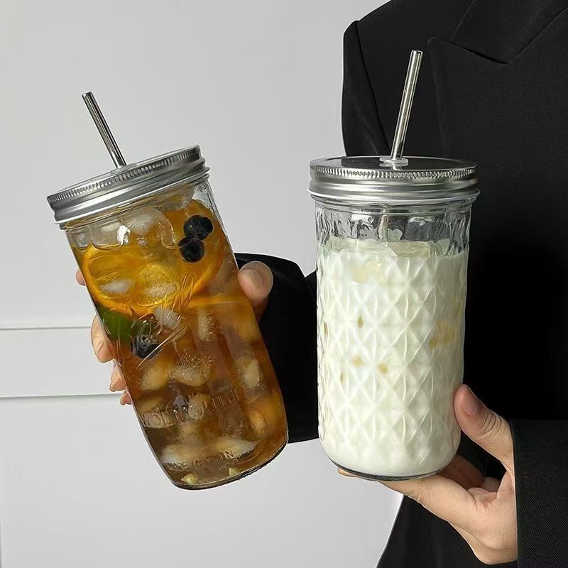 Textured Glass Tumbler with Lid & Straw – 360ml Reusable Drinking Cup