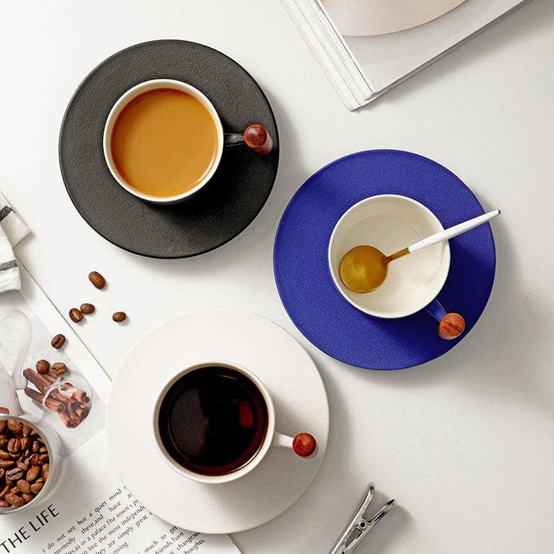 130ml Ceramic Coffee Cup with Saucer – Wooden Handle Espresso & Tea Cup Set for Café, Restaurant, Breakfast, Dessert & Home Use