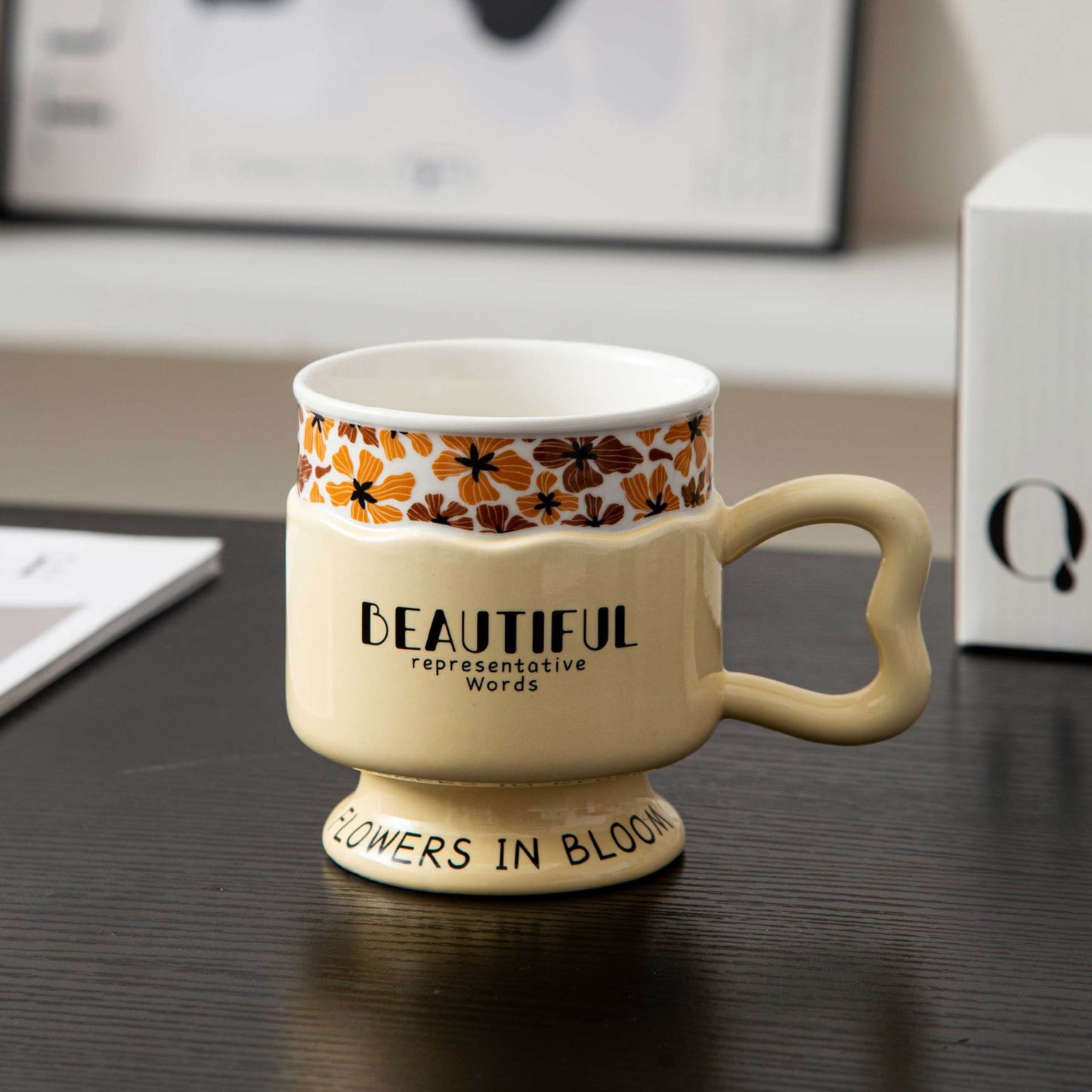 Ceramic Mug – Vintage Floral Pedestal Coffee Cup with Handle for Milk, Tea, Latte, Café, Breakfast & Home Use