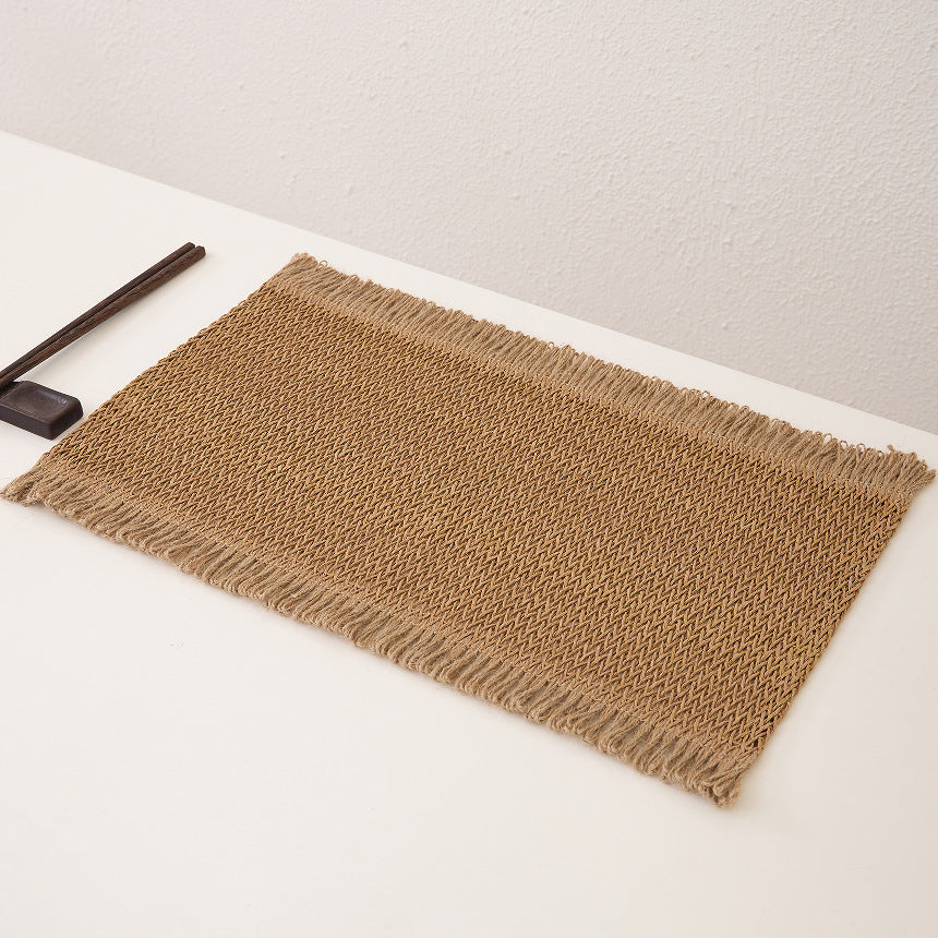 Woven Paper and Flax Grass Placemat with Fringe – Rustic Rectangular Table Mat, Green or Pink, Farmhouse Dining Décor