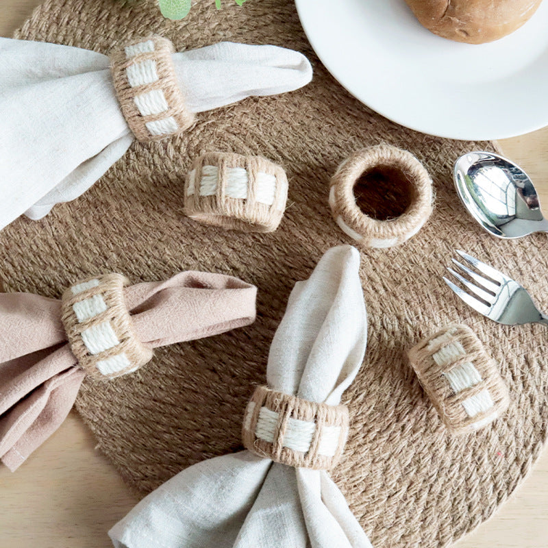 Handwoven Linen Napkin Ring, Rustic Rope Table Decor