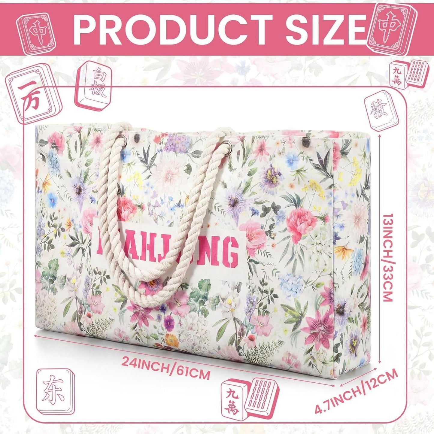 American Mahjong Storage Bag Set, Beige Floral Print 3-Piece Organizer