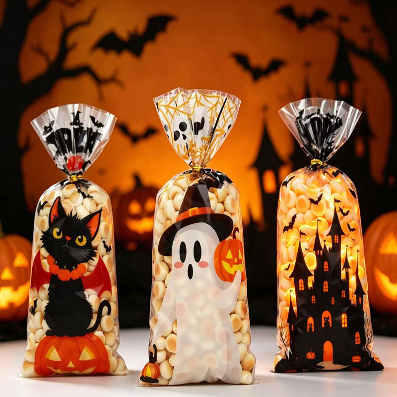 100-Pack Halloween Treat Bags – 3 Assorted Designs, Clear Plastic Candy Bags