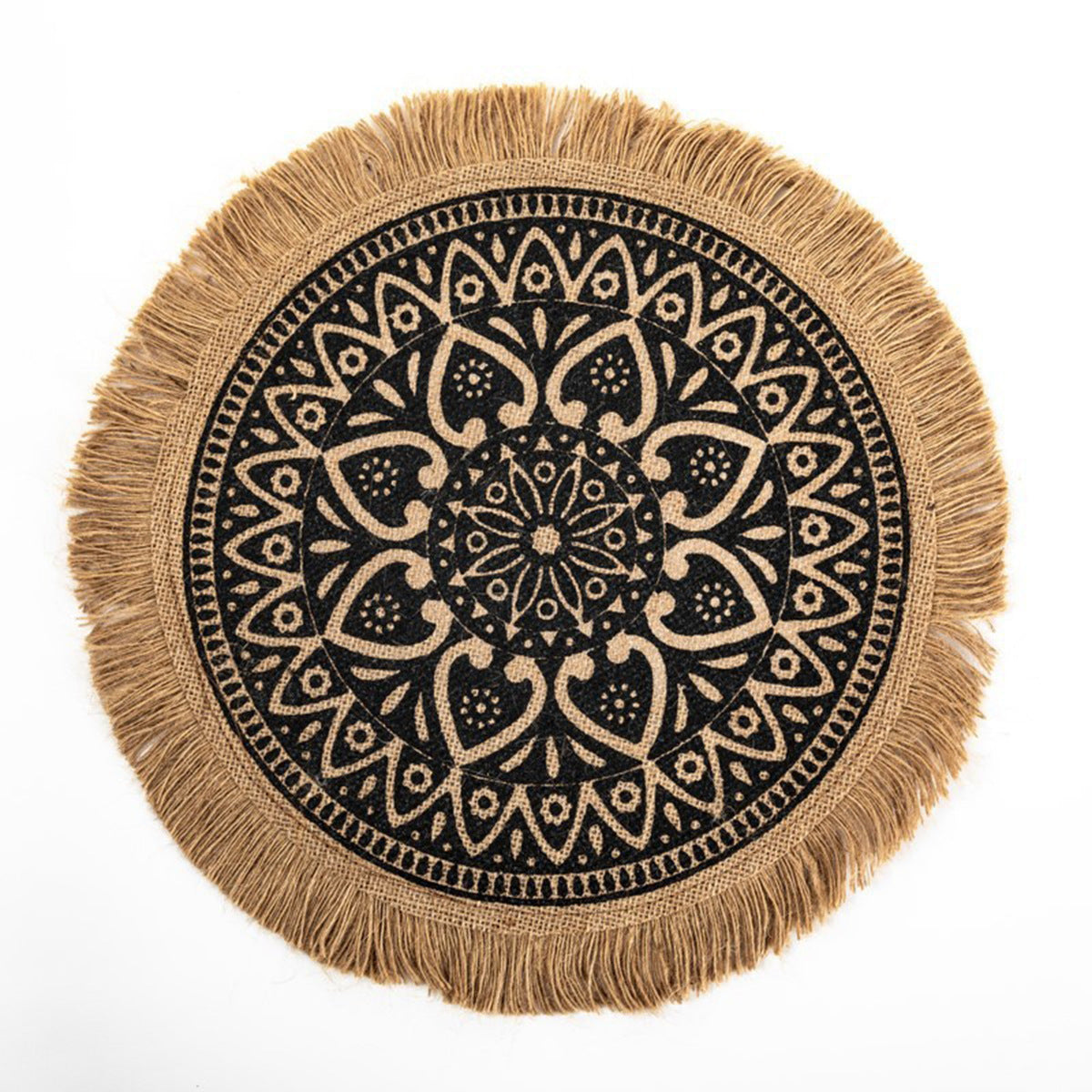 15-Inch Round Jute Placemat – Boho Mandala Printed Table Mat with Fringe, Rustic Farmhouse Dining Décor