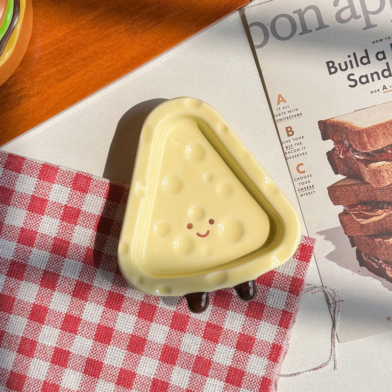 Cute Cheese-Shaped Ceramic Dipping Dish – Yellow and Cream Condiment Plate