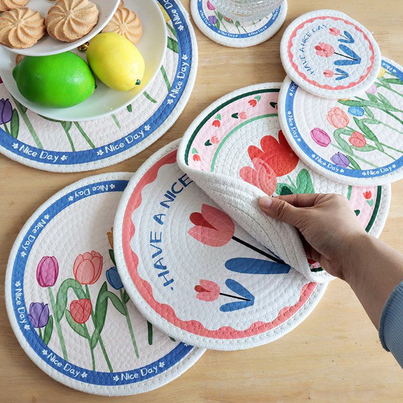 Nordic Tulip Print Woven Cotton Rope Trivet, Heat Resistant Table Mat & Coaster