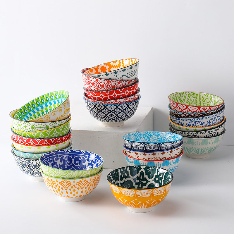 Bohemian Ceramic Pedestal Bowl – Underglaze Rice & Soup Bowl