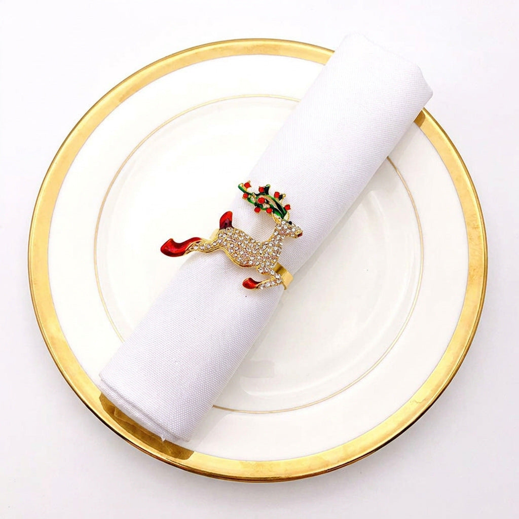 Christmas Alloy Napkin Ring  – Enamel Rhinestone Decorative Napkin Holders for Holiday Table Setting