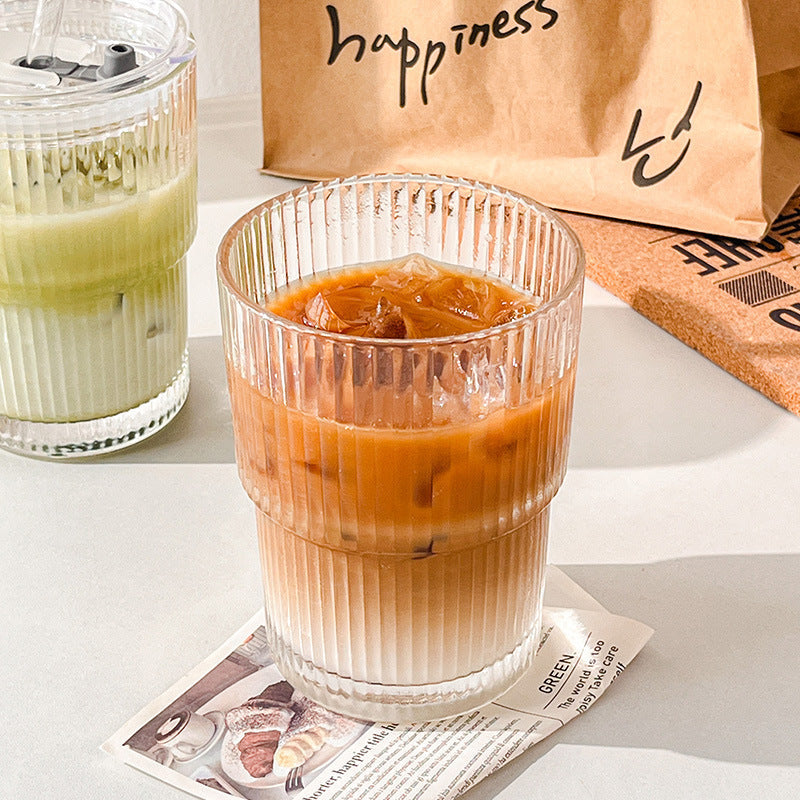 Striped Glass Coffee Cup with Lid & Straw – Iced Latte Tumbler