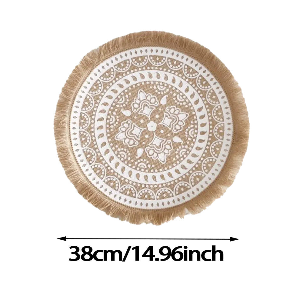 Boho Round Burlap Placemat with Fringe – 38cm Mandala Table Mat