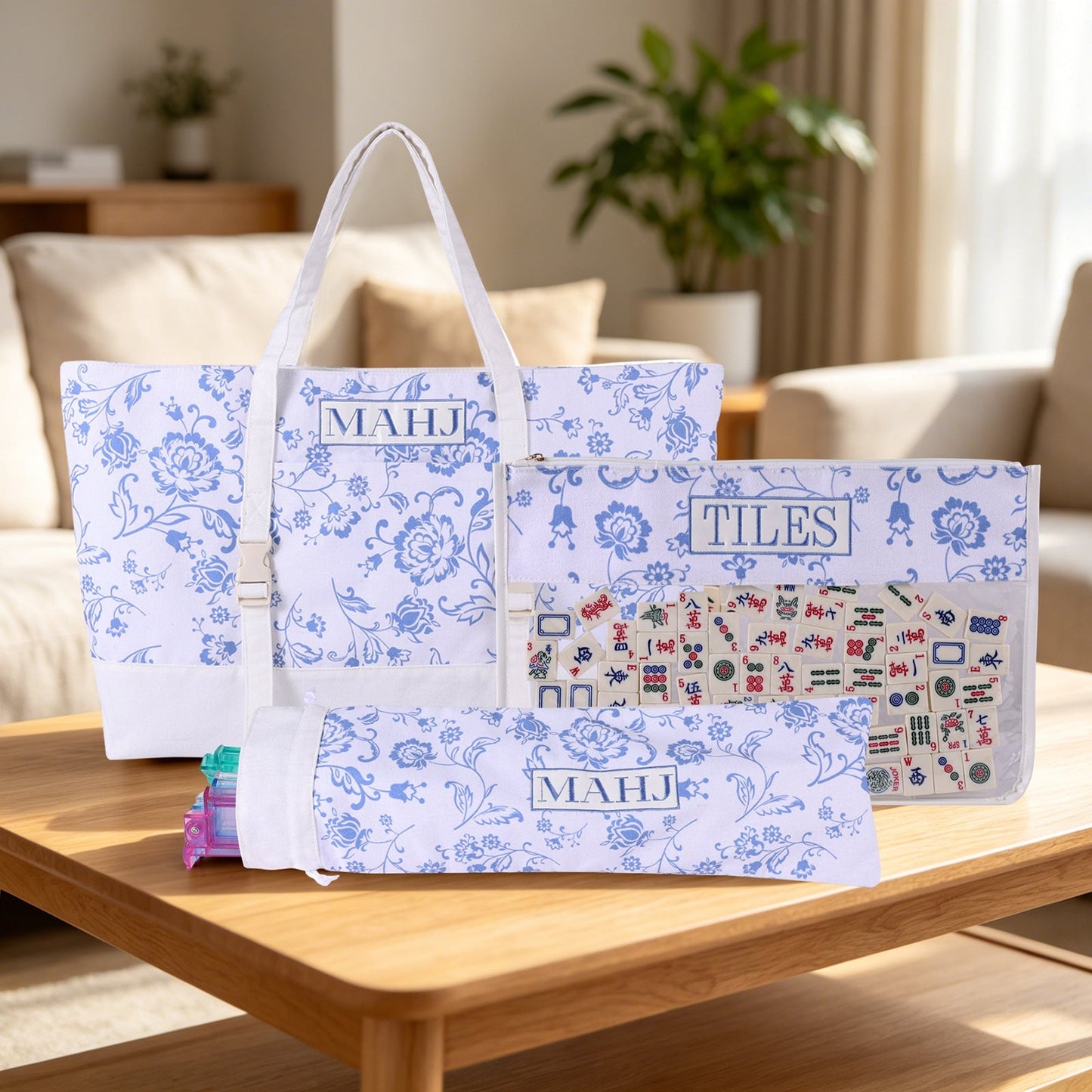 Large Capacity Mahjong Storage Bag Set – 3-Piece Canvas Carry Tote with Handle & Shoulder Strap