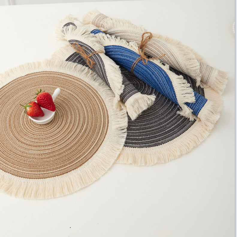 Round Cotton Tassel Placemat, Farmhouse Dining Table Mat
