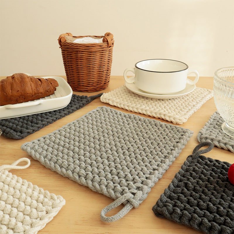Square Handwoven Coaster – Solid Color Cotton Rope Square Heat Insulation Mat for Cups, Tea Cups, Simple Plate Mat