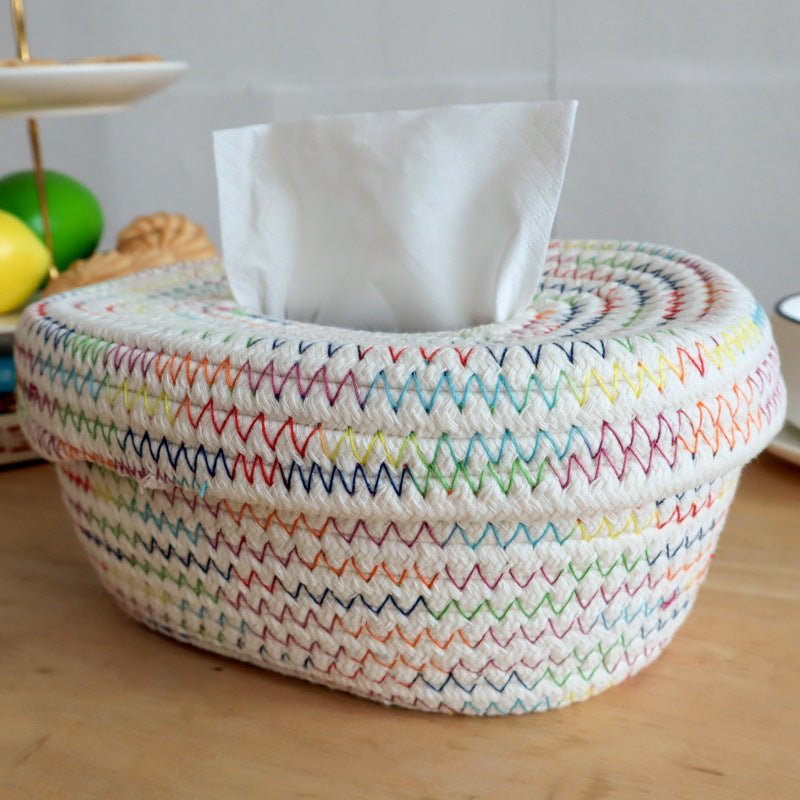 Woven Cotton Rope Tissue Box, Nordic Desktop Storage Basket