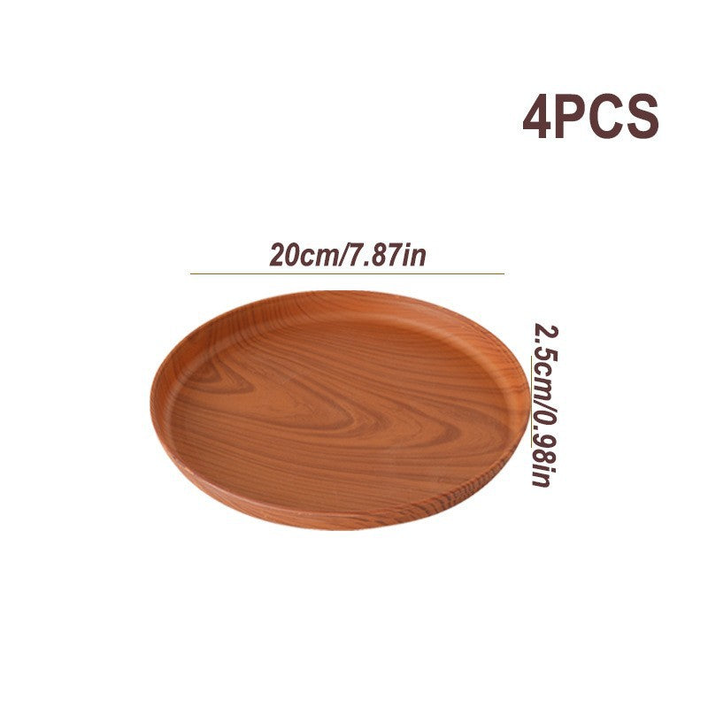 4-Piece Wood Grain Round Serving Tray Set – Lightweight Raised Edge Food Plates for Dining, Snacks, Desserts, Tea & Home Tableware