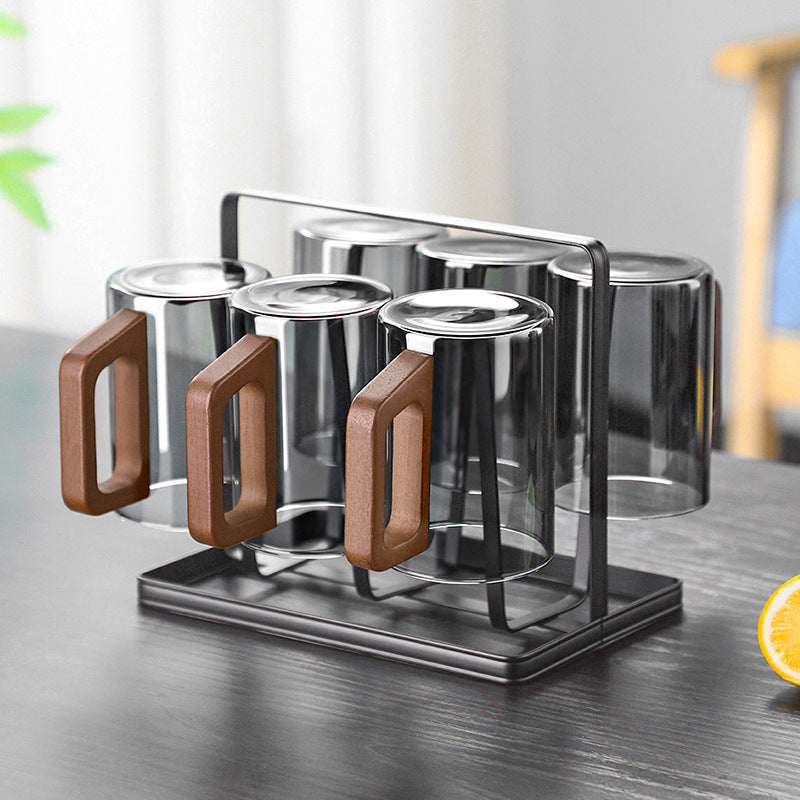 Glass Cups with Holder – 6-Piece 300ml Drinking Glass Set with Storage Rack