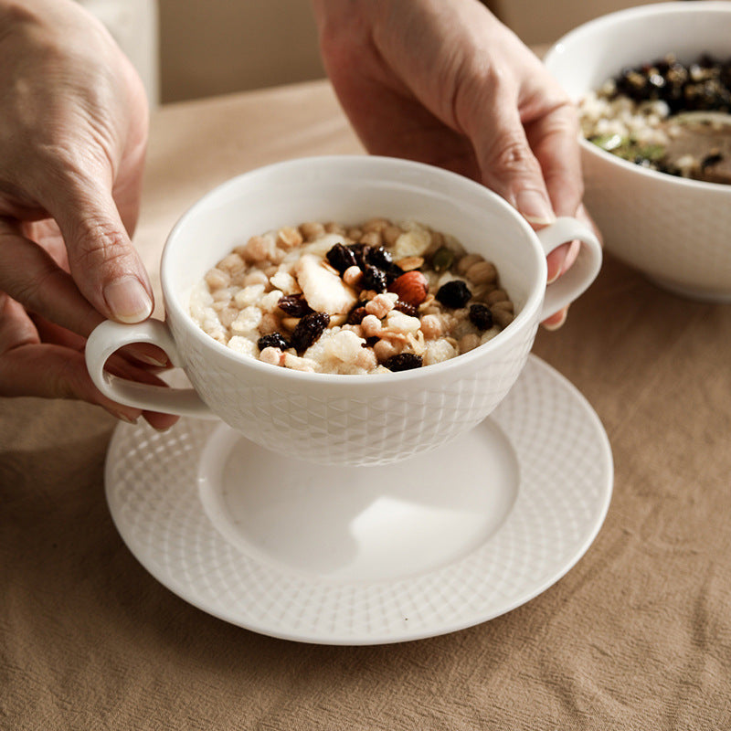 White Ceramic Bowl – Grid Pattern Rice, Soup & Salad Bowl for Home & Hospitality
