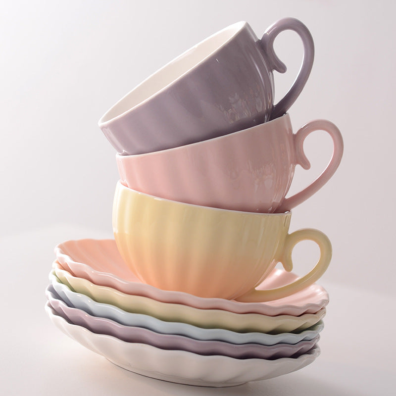 Fluted Ceramic Teacup and Saucer Set, Pastel Coffee Cup with Scalloped Plate