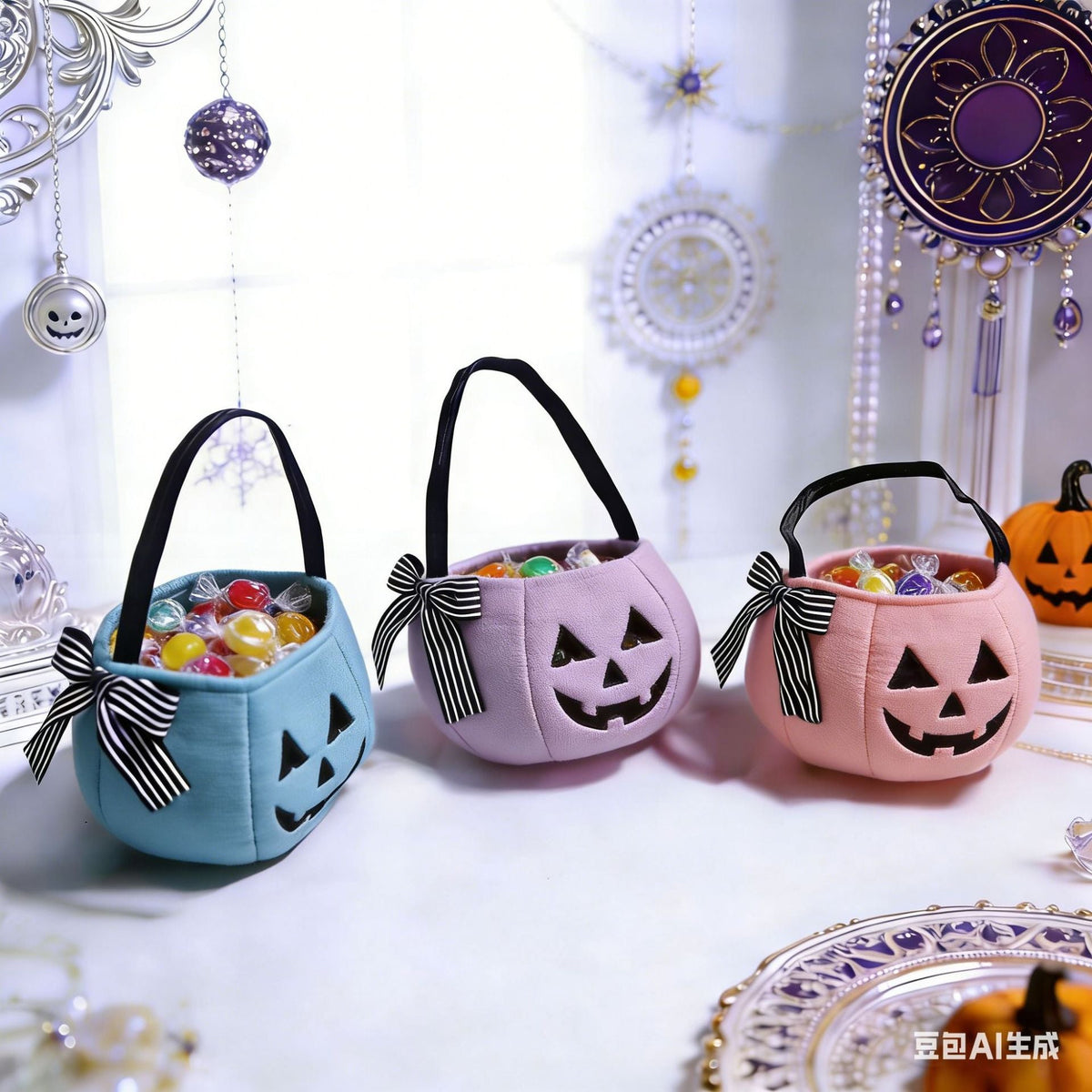 Halloween Pumpkin Candy Bucket, Soft Fabric Trick-or-Treat Bag with Bow