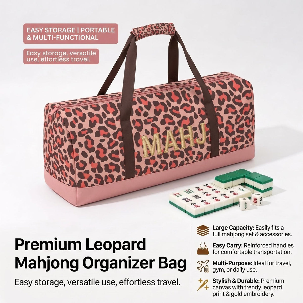 Premium Leopard Mahjong Organizer Bag – Large Canvas Carrying Tote with Zipper