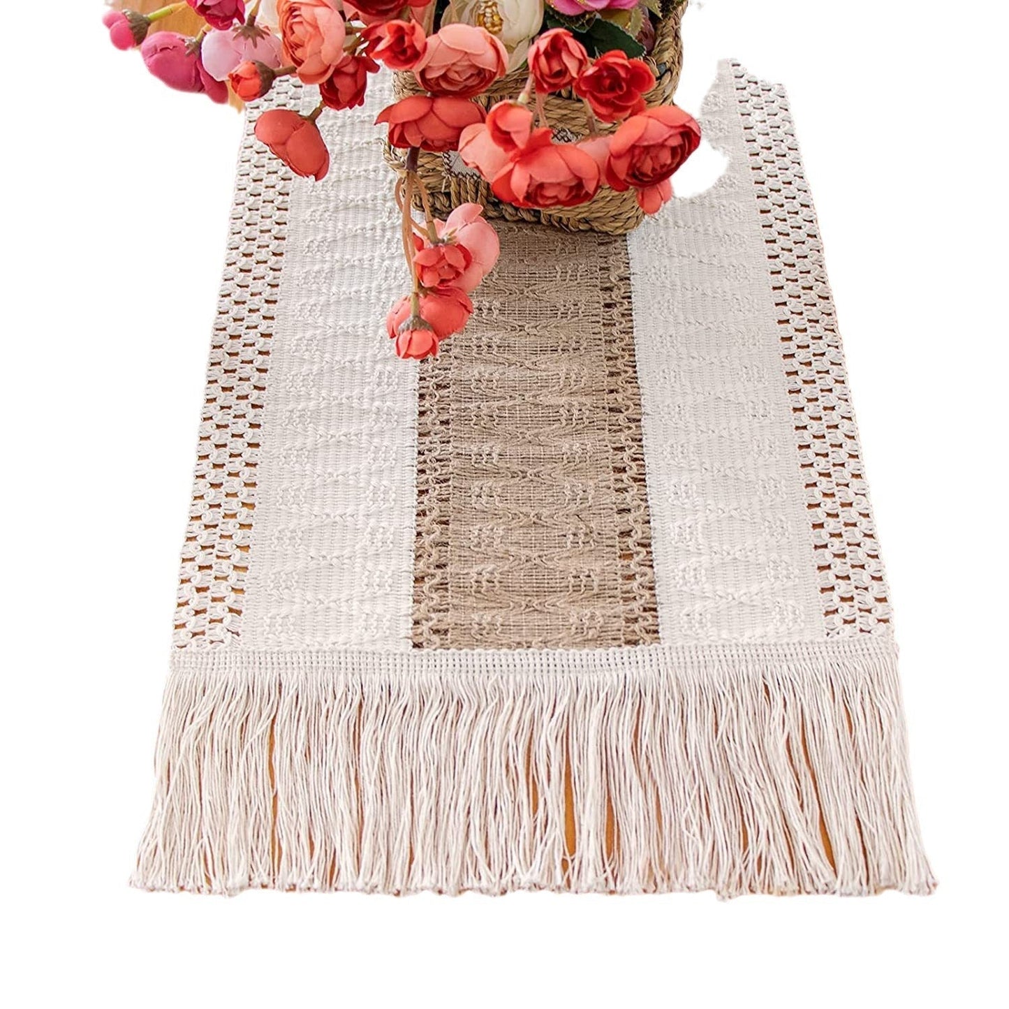 Boho Tassel Table Runner, Cotton Linen Crochet Woven Table Decor for Parties and Home Styling