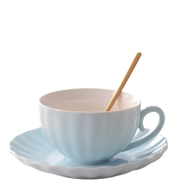Fluted Ceramic Teacup and Saucer Set, Pastel Coffee Cup with Scalloped Plate
