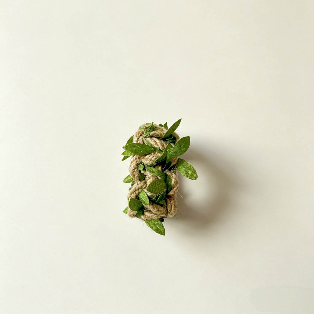 Rustic Jute Napkin Ring with Green Leaves – Braided Farmhouse Table Décor