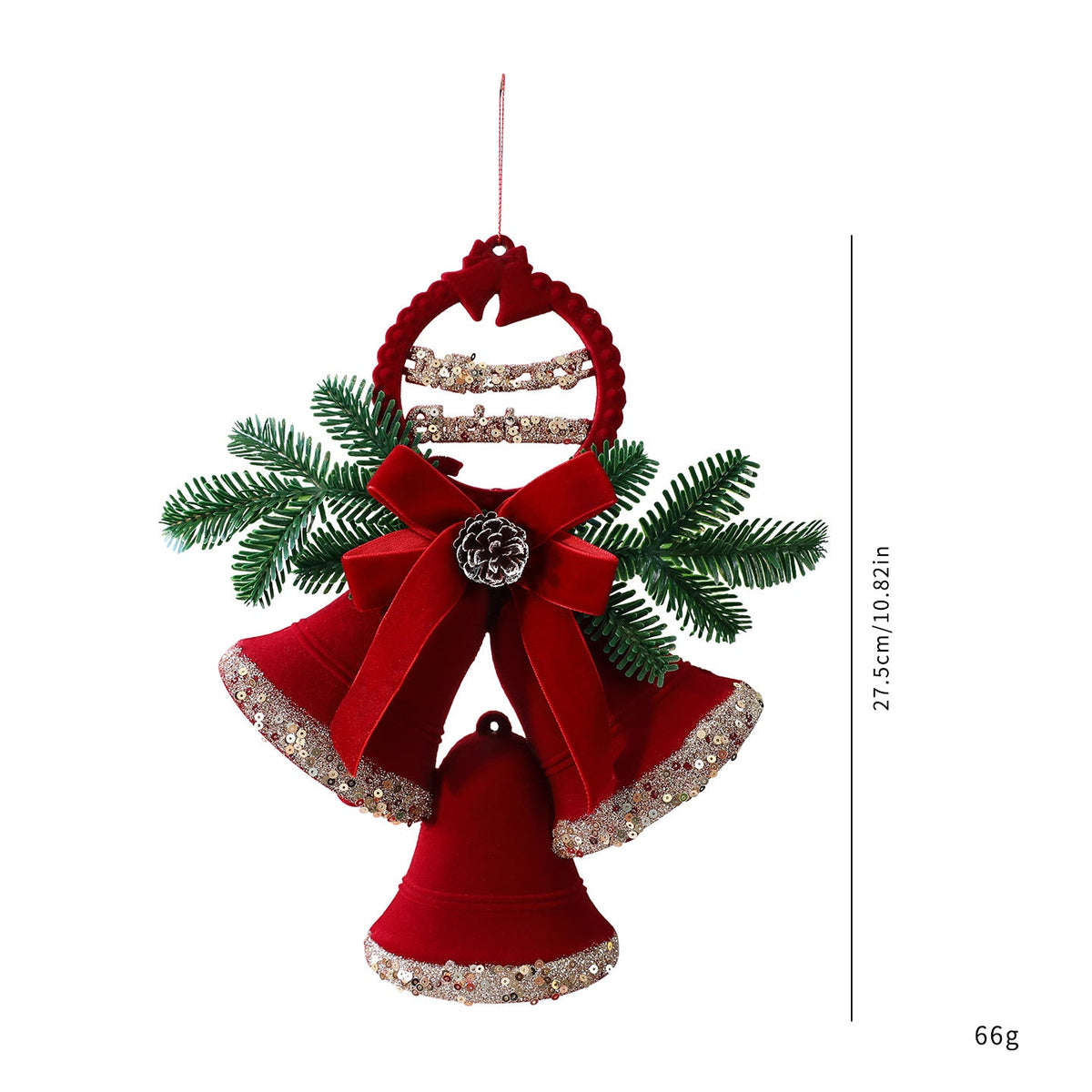 Plastic Christmas Hanging Ornament – Holiday Bell Decoration with Bow & Pine Branch Design for Tree, Door, Wall & Home Decor