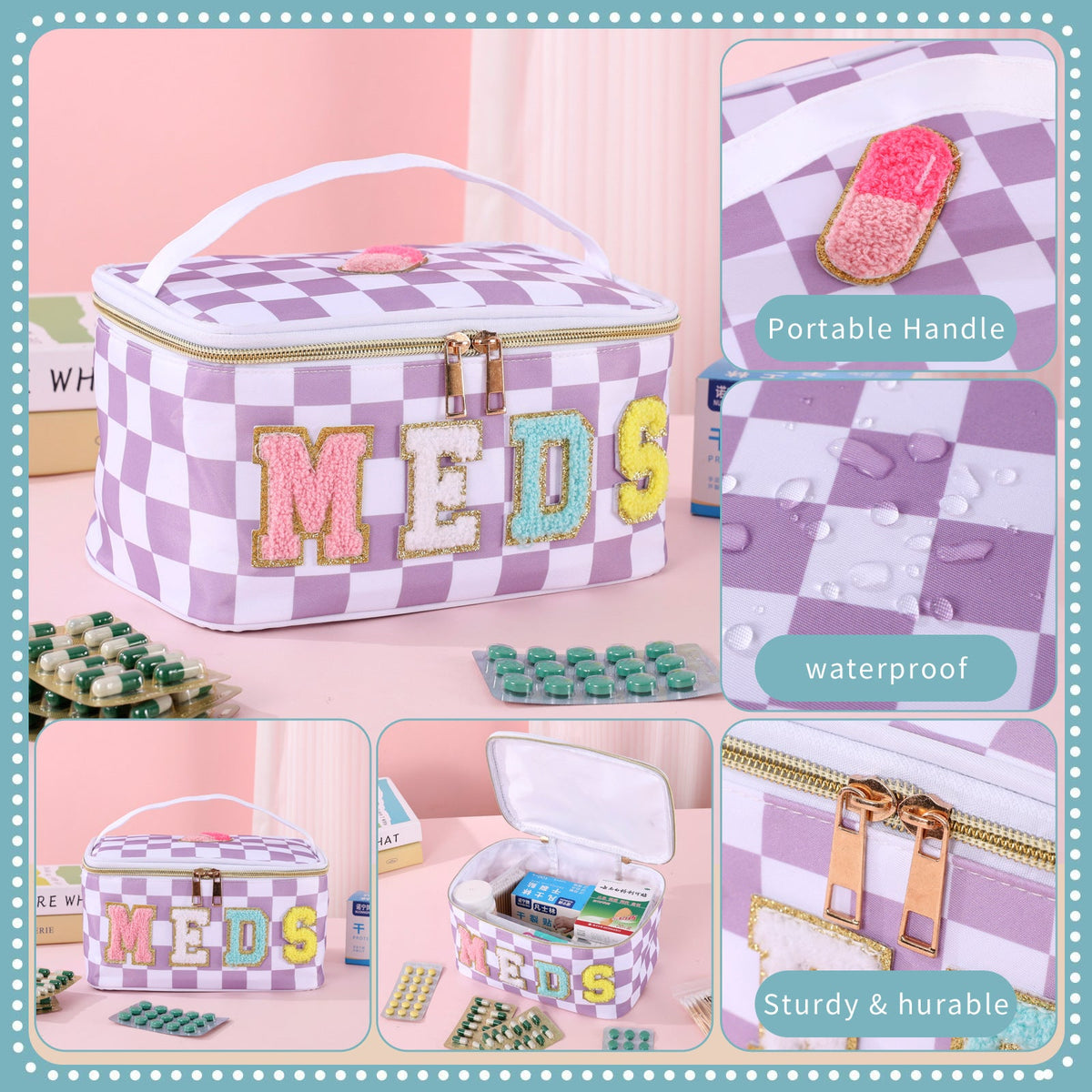 Waterproof Checkered Organizer Case with Handle for First Aid Supplies, Travel, Home & Daily Essentials