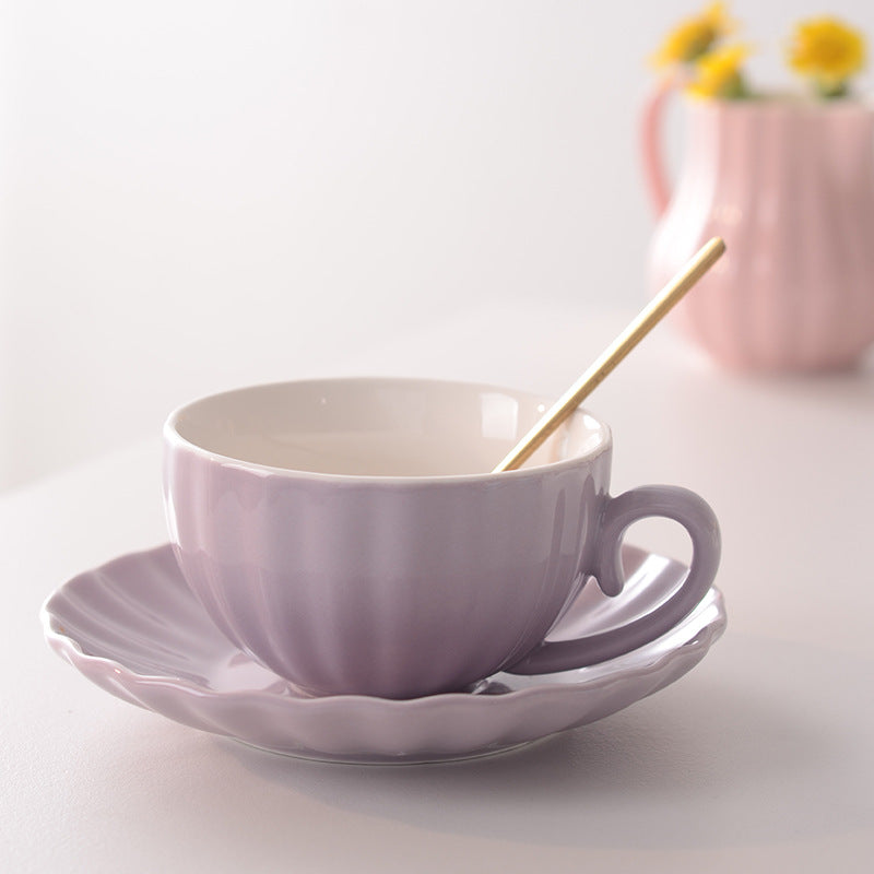 Fluted Ceramic Teacup and Saucer Set, Pastel Coffee Cup with Scalloped Plate