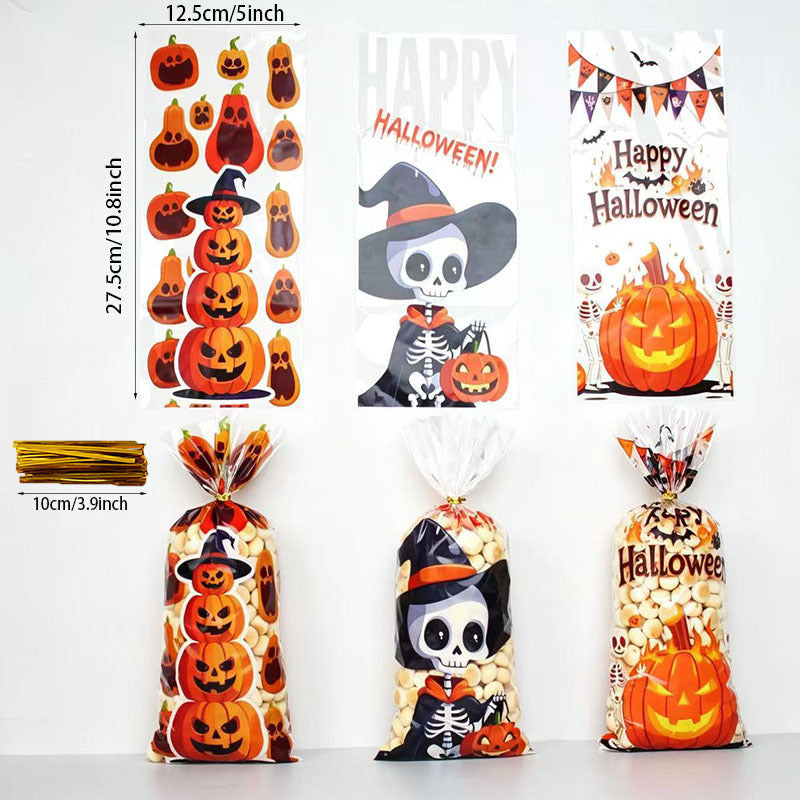 100-Pack Halloween Treat Bags – 3 Assorted Designs, Clear Plastic Candy Bags